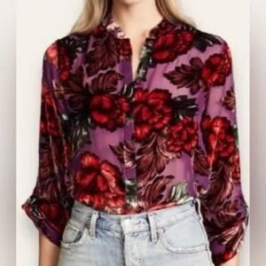 Alice + Olivia Floral Eloise Velvet Burnout Mandarin Collar Blouse, size M